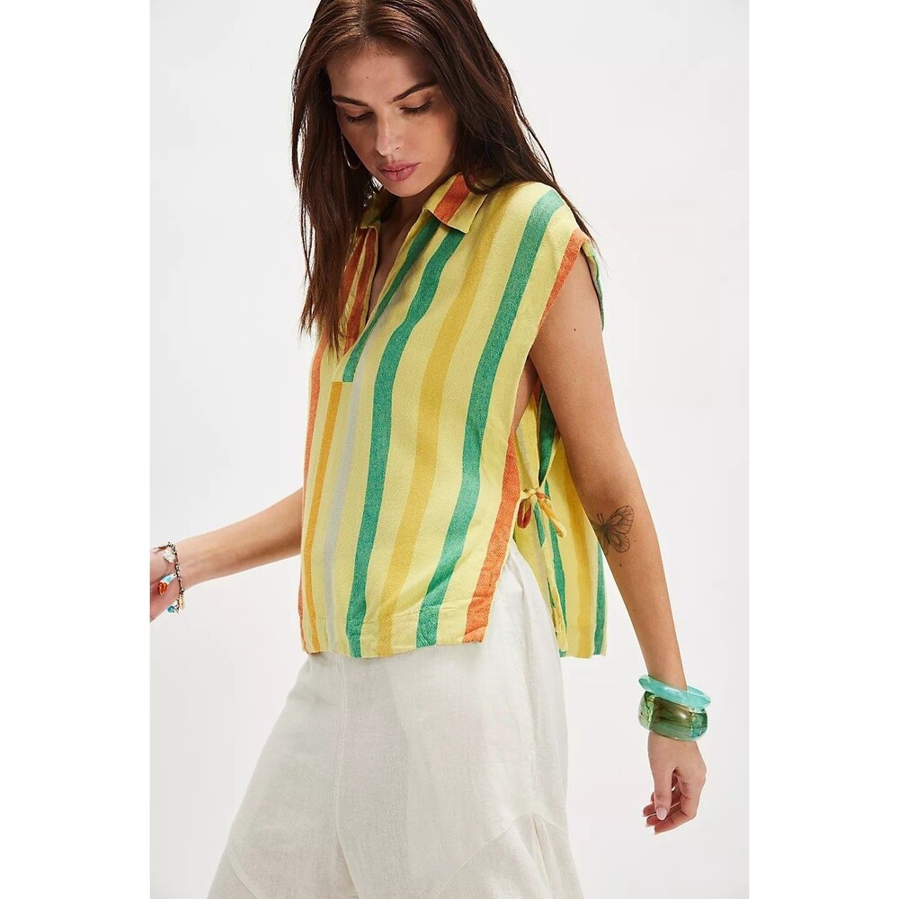 Free People Free-est Vacay Rhythm Blouse Top Wide Stripe Print Capped M 283595